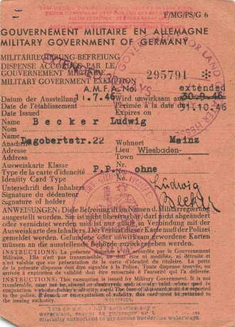 Deutschland nach 1945, Passierschein für die Amerikanische/Französische Zone, Mayen/Wiesbaden/Rheinhessen, 11.7.1946, gebraucht