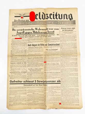 "Feldzeitung der Armee an der Schelde - Somme - Seine", Titelblatt: "Die sowjetrussische Wehrmacht war zum Angriff gegen Mitteleuropa bereit", Nr. 296, Lille, 28. Juni 1941,  hrsg. v. d. Propagandakompanie, gefaltet, gebraucht