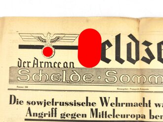 "Feldzeitung der Armee an der Schelde - Somme - Seine", Titelblatt: "Die sowjetrussische Wehrmacht war zum Angriff gegen Mitteleuropa bereit", Nr. 296, Lille, 28. Juni 1941,  hrsg. v. d. Propagandakompanie, gefaltet, gebraucht