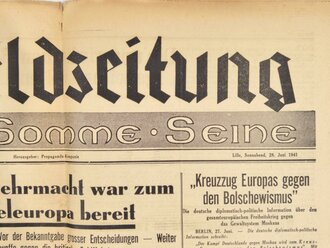 "Feldzeitung der Armee an der Schelde - Somme - Seine", Titelblatt: "Die sowjetrussische Wehrmacht war zum Angriff gegen Mitteleuropa bereit", Nr. 296, Lille, 28. Juni 1941,  hrsg. v. d. Propagandakompanie, gefaltet, gebraucht