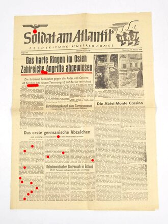 "Soldat am Atlantik - Feldzeitung unserer Armee", Titelblatt: "Das harte Ringen im Osten/Montecassino", Folge 535, unverkäuflich, 17. Februar 1944, gefaltet, gebraucht