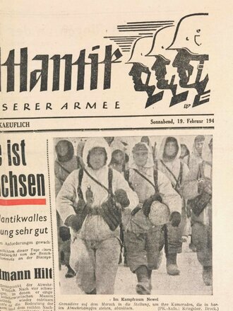 "Soldat am Atlantik - Feldzeitung unserer Armee", Titelblatt: "Biscaya-Kueste/Montecassino", Folge 537, unverkäuflich, 19. Februar 1944, gefaltet, gebraucht