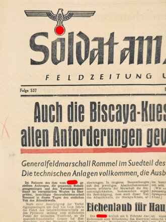 "Soldat am Atlantik - Feldzeitung unserer Armee", Titelblatt: "Biscaya-Kueste/Montecassino", Folge 537, unverkäuflich, 19. Februar 1944, gefaltet, gebraucht