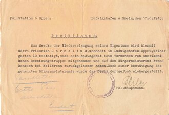 Deutschland nach 1945 , Rechnung für Volksempfänger und zugehörige Bestätigung der "Polizeistation 6 Ludwigshafen-Oppau",