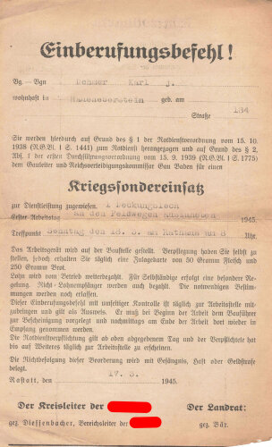 "Einberufungsbefehl! zum Kriegssondereinsatz" vom 17. März 1945, Kreisleiter NSDAP, Haueneberstein/Baden-Baden, DIN A4, gebraucht