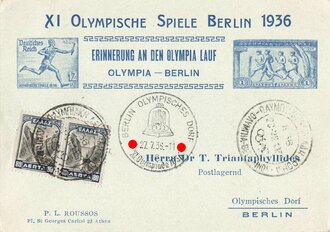 Erinnerung an den Olympia Lauf "XI Olympische Spiele - Berlin - 27.6.1936", Ganzsache, Berlin/Athen, gelaufen