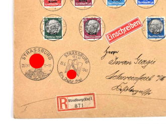 Elsass-Lothringen, Ganzsache, "R Straßburg (Els) 1871", "Strassburg (Els) - Ein Jahr frei - 19.6.1941", "Schweinfurt 29.10.1941", Einschreiben durch Eilboten, 20 x 25 cm, gelaufen