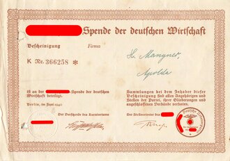 Spendenbescheinigung "Adolf-Hitler-Spende der deutschen Wirtschaft", Apolda/Berlin, Juni 1940, DIN A5, gebraucht