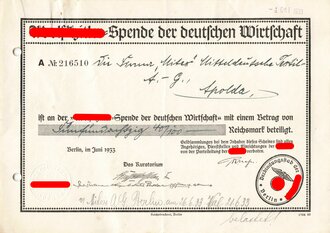 Spendenbescheinigung "Adolf-Hitler-Spende der deutschen Wirtschaft", Apolda/Berlin, Juni/Oktober 1933, DIN A5, gebraucht