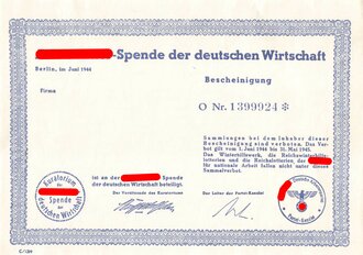 Blanko-Spendenbescheinigung "Adolf-Hitler-Spende der deutschen Wirtschaft", Berlin, Juni 1944, DIN A5, neuwertig
