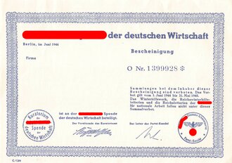 Blanko-Spendenbescheinigung "Adolf-Hitler-Spende der deutschen Wirtschaft", Berlin, Juni 1944, DIN A5, neuwertig