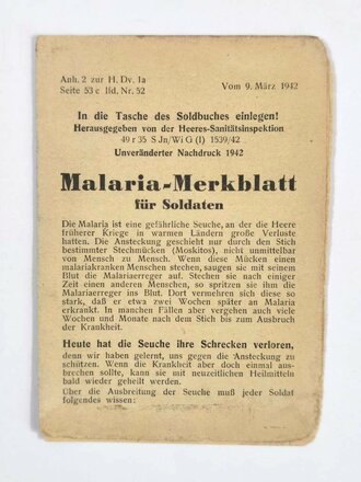 "Malaria-Merkblatt für Soldaten", 9. März 1942, hrsg. v. der Heeres Sanitätsinspektion, DIN A7, gebraucht, Blätter z.T. lose und eingerissen