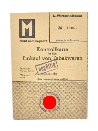 Kontrollkarte für den Einkauf von Tabakwaren, Idar-Oberstein, 1942, gebraucht
