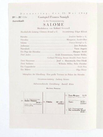 Programmheft für die Staats-Oper mit gestempelter Eintrittskarte, Staatstheater Berlin, 28.5.1942, Faltblatt, DIN A5, gebraucht