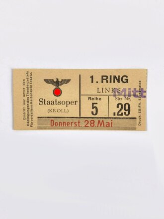 Programmheft für die Staats-Oper mit gestempelter Eintrittskarte, Staatstheater Berlin, 28.5.1942, Faltblatt, DIN A5, gebraucht