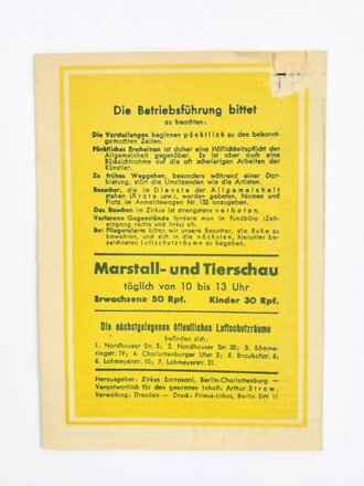 NSV, Programmheft und Eintrittskarte für den Zirkus Sarrasani, Stempel: Amt für Volkswohlfahrt, Berlin, um 1940, gebraucht