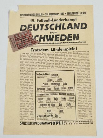 NSRL/HJ, Programmheft und Eintrittskarte für das Fußball Länderspiel "Deutschland vs. Schweden (Vorspiel: HJ.-Gebietsvergleichskampf Berlin-Niederschlesien)", Olympiastadion Berlin, 20. September 1940, DIN A5, gebraucht