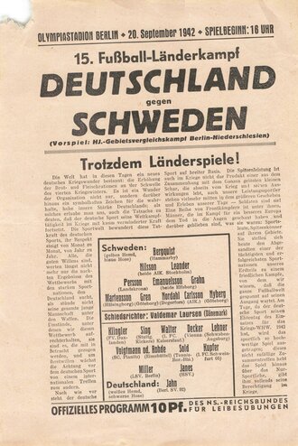 NSRL/HJ, Programmheft und Eintrittskarte für das Fußball Länderspiel "Deutschland vs. Schweden (Vorspiel: HJ.-Gebietsvergleichskampf Berlin-Niederschlesien)", Olympiastadion Berlin, 20. September 1940, DIN A5, gebraucht