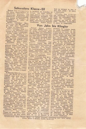 NSRL/HJ, Programmheft und Eintrittskarte für das Fußball Länderspiel "Deutschland vs. Schweden (Vorspiel: HJ.-Gebietsvergleichskampf Berlin-Niederschlesien)", Olympiastadion Berlin, 20. September 1940, DIN A5, gebraucht