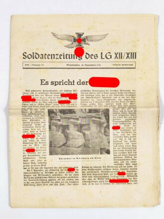 "Soldatenzeitung des LG XII/XIII", Titelblatt: "Es spricht der Führer!", Nr. 45, Wiesbaden, 12. November 1941, DIN A4, gefaltet und gebraucht