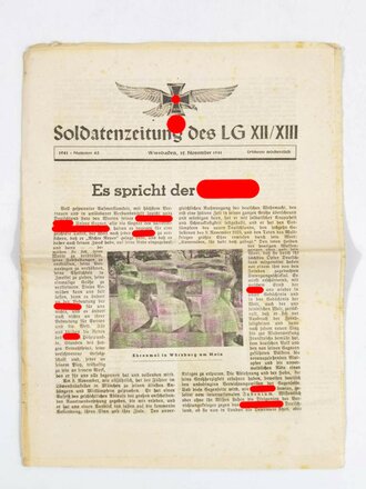 "Soldatenzeitung des LG XII/XIII", Titelblatt: "Es spricht der Führer!", Nr. 45, Wiesbaden, 12. November 1941, DIN A4, gefaltet und gebraucht