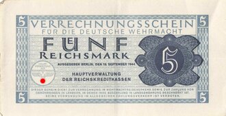 Verrechnungsschein für die deutsche Wehrmacht, 5 Reichsmark, datiert 1944