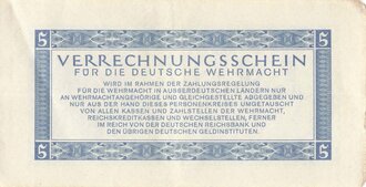 Verrechnungsschein für die deutsche Wehrmacht, 5 Reichsmark, datiert 1944