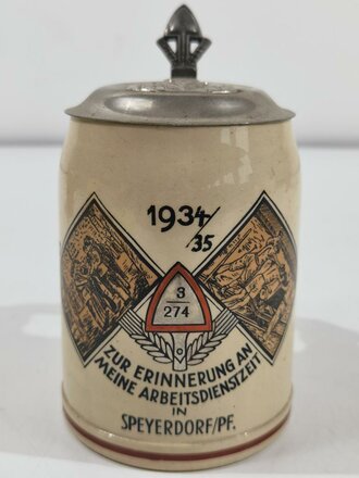 Erinnerungskrug 0,5 Liter " Zur Erinnerung a.m. Arbeitsdienstzeit in Speyerdorf/Pf 1934/35. Unbeschädigt, gebraucht