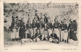 Frankreich 1904, Fotopostkarte "Zouaves en Campagne", gelaufen, 9 x 14 cm