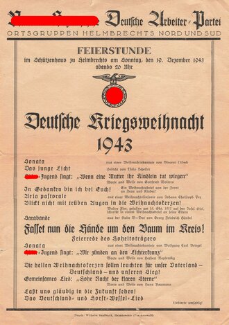 Programmblatt "Feierstunde - Deutsche Kriegsweihnacht 1943", NSDAP Ortsgruppen Helmbrecht (Frankenwald) Nord und Süd, 19. 12. 1943, DIN A5