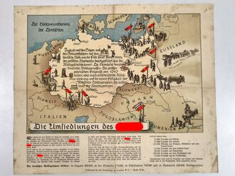 Bildtafel "Die Volkswanderung der Deutschen - Die Umsiedlungen des Führers", Berlin um 1940, ca. 35 x 42 cm, gefaltet, gebraucht, Stockflecken