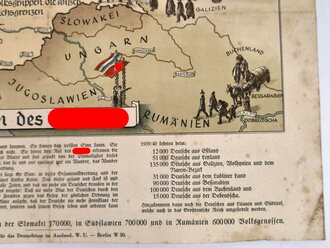 Bildtafel "Die Volkswanderung der Deutschen - Die Umsiedlungen des Führers", Berlin um 1940, ca. 35 x 42 cm, gefaltet, gebraucht, Stockflecken