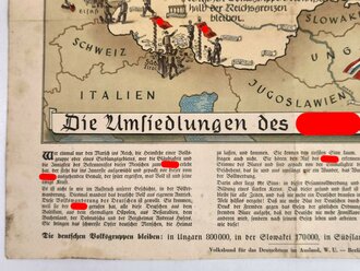 Bildtafel "Die Volkswanderung der Deutschen - Die Umsiedlungen des Führers", Berlin um 1940, ca. 35 x 42 cm, gefaltet, gebraucht, Stockflecken