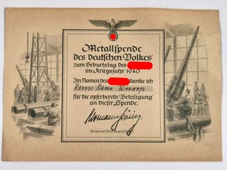 Spendenurkunde "Metallspende des Deutschen Volkes" Kriegsjahr 1940, gez. Generalfeldmarschall Hermann Göring, DIN A5, gebraucht