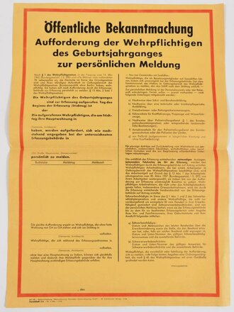 Bundeswehr "Öffentliche Bekanntmachung - Aufforderung der Wehrpflichtigen (...) zur persönlichen Meldung", Bekanntmachung Wehrerfassung, Formblatt 4a, 1966, DIN A3, gefaltet, ungebraucht