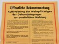 Bundeswehr "Öffentliche Bekanntmachung - Aufforderung der Wehrpflichtigen (...) zur persönlichen Meldung", Bekanntmachung Wehrerfassung, Formblatt 4a, 1966, DIN A3, gefaltet, ungebraucht