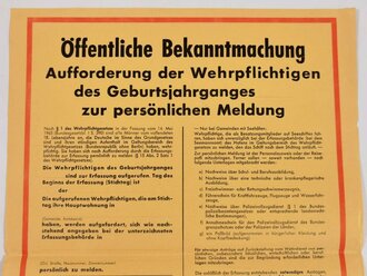 Bundeswehr "Öffentliche Bekanntmachung - Aufforderung der Wehrpflichtigen (...) zur persönlichen Meldung", Bekanntmachung Wehrerfassung, Formblatt 4a, 1966, DIN A3, gefaltet, ungebraucht