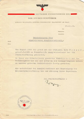 NSD-Studentenbund der NSDAP, Bescheinigung über abgeleisteten Ausgleichsdienst, Universität Frankfurt, 15.11.1944, DIN A4, gebraucht