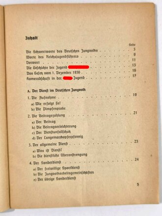 "Dienstvorschrift der Hiltlerjugend. Dienstvorschrift über den Jungvolkdienst", hrsg. v. der Reichjugendführung am 1.2. 1938, 67 Seiten, gebraucht, DIN A5