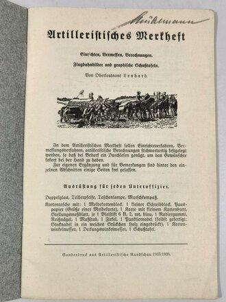 "Artilleristisches Merkheft", Oberleutnant Lehnhard, Sonderdruck aus der Artilleristischen Rundschau 1935/36, 32 Seiten, DIN A5, gebraucht