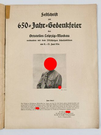 Festschrift "650 Jahre Mockau - 250 jähriges Schul-Jubiläum", Leipzig-Mockau 13.-14. Juni 1936, 22 Seiten mit Werbeanhang, DIN A4, gebraucht, geklebt