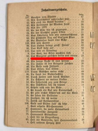 "Soldaten-Liederbuch für Niedersachsens Söhne", Heimatbund Niedersachsen/Bund Hannoversche Kaufleute, 1914, 2. Auflage, 61 Seiten, DIN A7, gebraucht