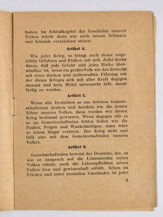 "Dreissig Kriegsartikel für das Deutsche Volk", Dr. Joseph Goebbels, hrsg. v. Zentralverlag der NSDAP, 1943, 16 Seiten, DIN A6, gebraucht