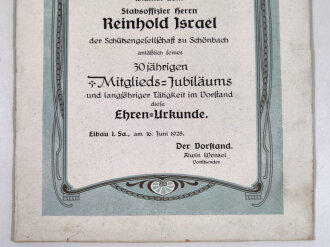 Ehrenurkunde für Stabsoffizier "Reinhold Israel", Schützengesellschaft Schönbach,  Eibau im Saarland, 16. Juni 1928, 36 x 27 cm, Papier auf Karton, gebraucht, Wasserschaden