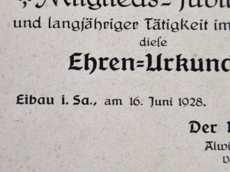 Ehrenurkunde für Stabsoffizier "Reinhold Israel", Schützengesellschaft Schönbach,  Eibau im Saarland, 16. Juni 1928, 36 x 27 cm, Papier auf Karton, gebraucht, Wasserschaden