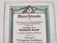 Ehrenurkunde für Stabsoffizier "Reinhold Israel", Schützengesellschaft Schönbach,  Eibau im Saarland, 16. Juni 1928, 36 x 27 cm, Papier auf Karton, gebraucht, Wasserschaden