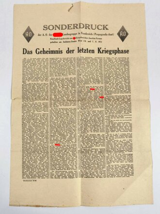 NSDAP/AO "Rundfunk Lagebericht von SS-Kriegsberichter Joachim Fernau: Das Geheimnis der letzten Kriegstage", Sonderdruck 1944, 30 x 43 cm, gebraucht, gefaltet