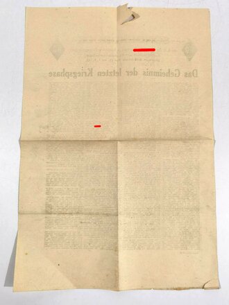 NSDAP/AO "Rundfunk Lagebericht von SS-Kriegsberichter Joachim Fernau: Das Geheimnis der letzten Kriegstage", Sonderdruck 1944, 30 x 43 cm, gebraucht, gefaltet