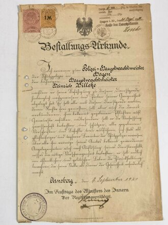 Schutzpolizei, Bescheinigung über Beförderungen und Bestallungsurkunde für einen Polizeioberwachtmeister, Arnsberg 7. September 1921, 33 x 21 cm, gebraucht, gefaltet