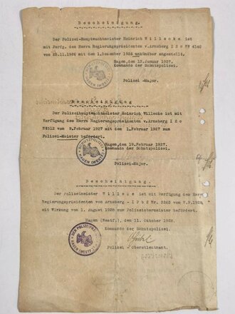 Schutzpolizei, Bescheinigung über Beförderungen und Bestallungsurkunde für einen Polizeioberwachtmeister, Arnsberg 7. September 1921, 33 x 21 cm, gebraucht, gefaltet